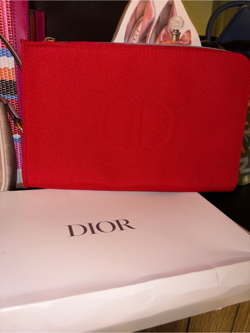 DIOR Cosmetic bag Red Canvas Pouch with Subtle Embossed Logo and box